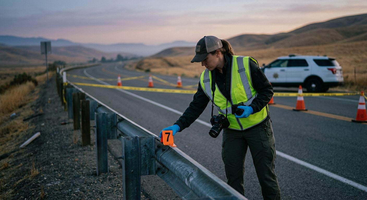 An investigator in a high-visibility vest places a numbered marker by a guardrail on a closed two-lane road at dawn.