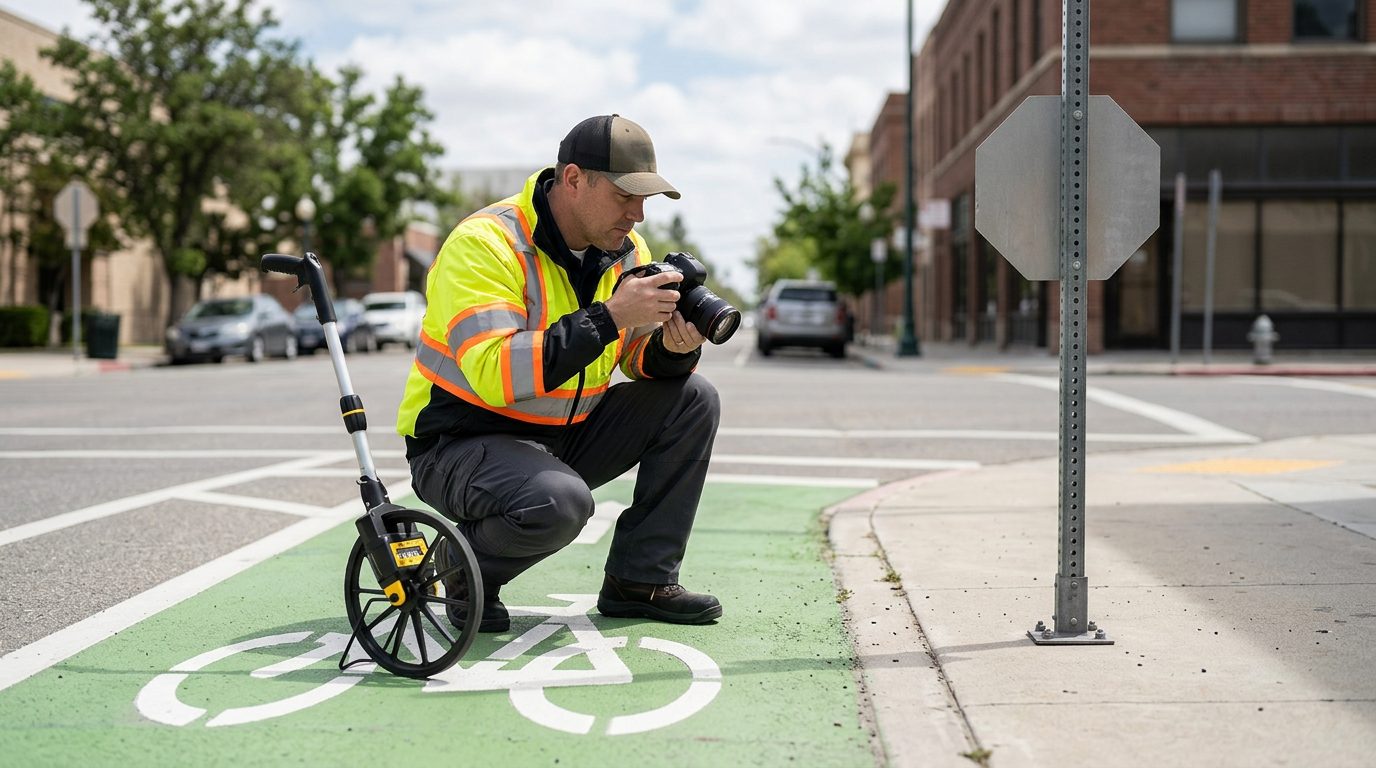 An investigator in a reflective jacket crouches beside a painted bike lane, photographing the lane marking and a stop sign with a measuring wheel on