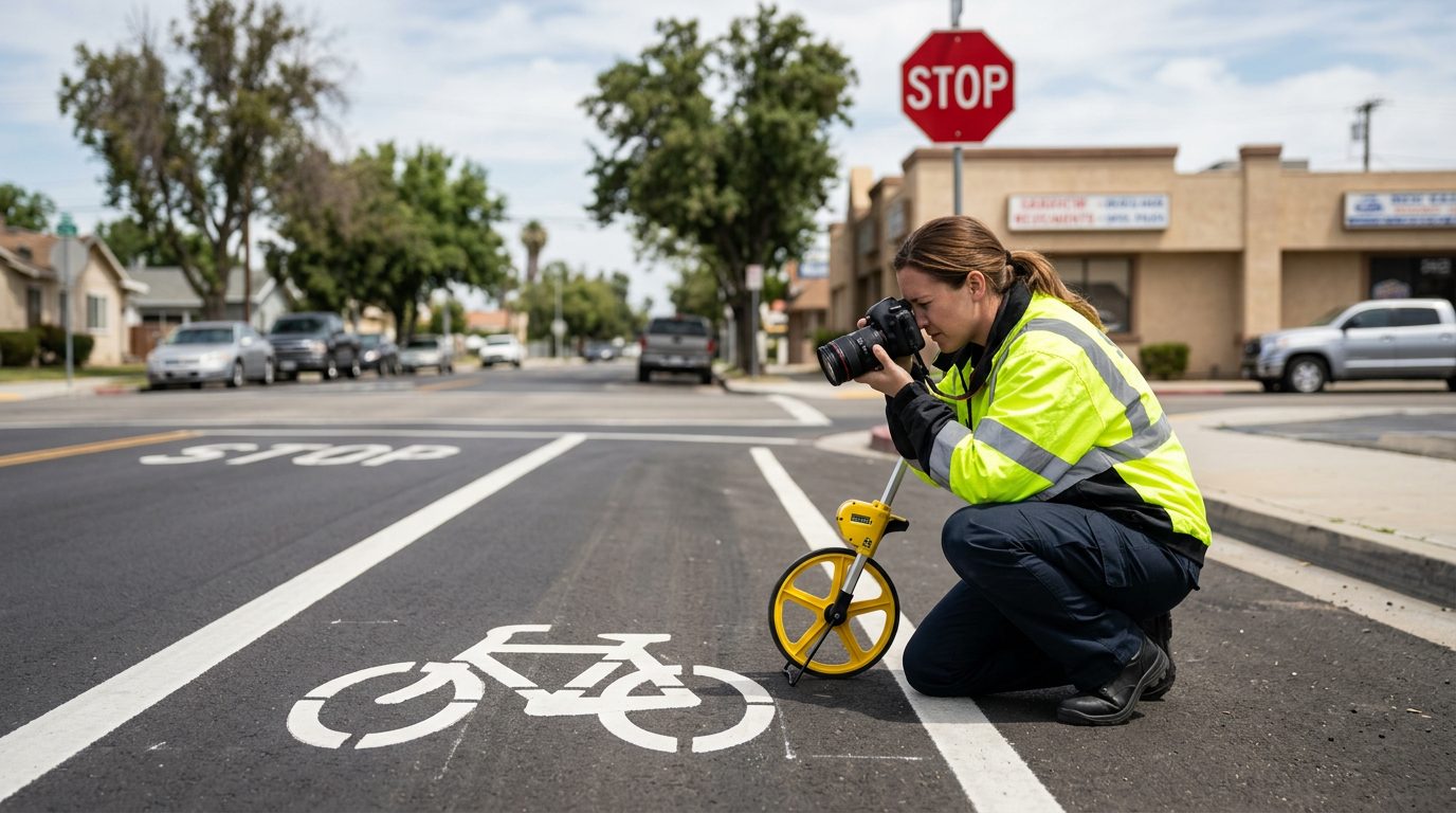 An investigator in a reflective jacket crouches by a painted bike lane, photographing the lane marking and a stop sign with a measuring wheel on the