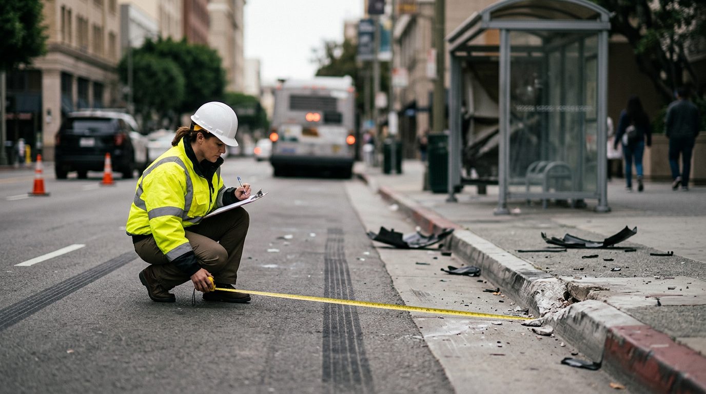 An investigator in a reflective jacket measures skid marks and curb damage at a city bus stop with a yellow tape measure.