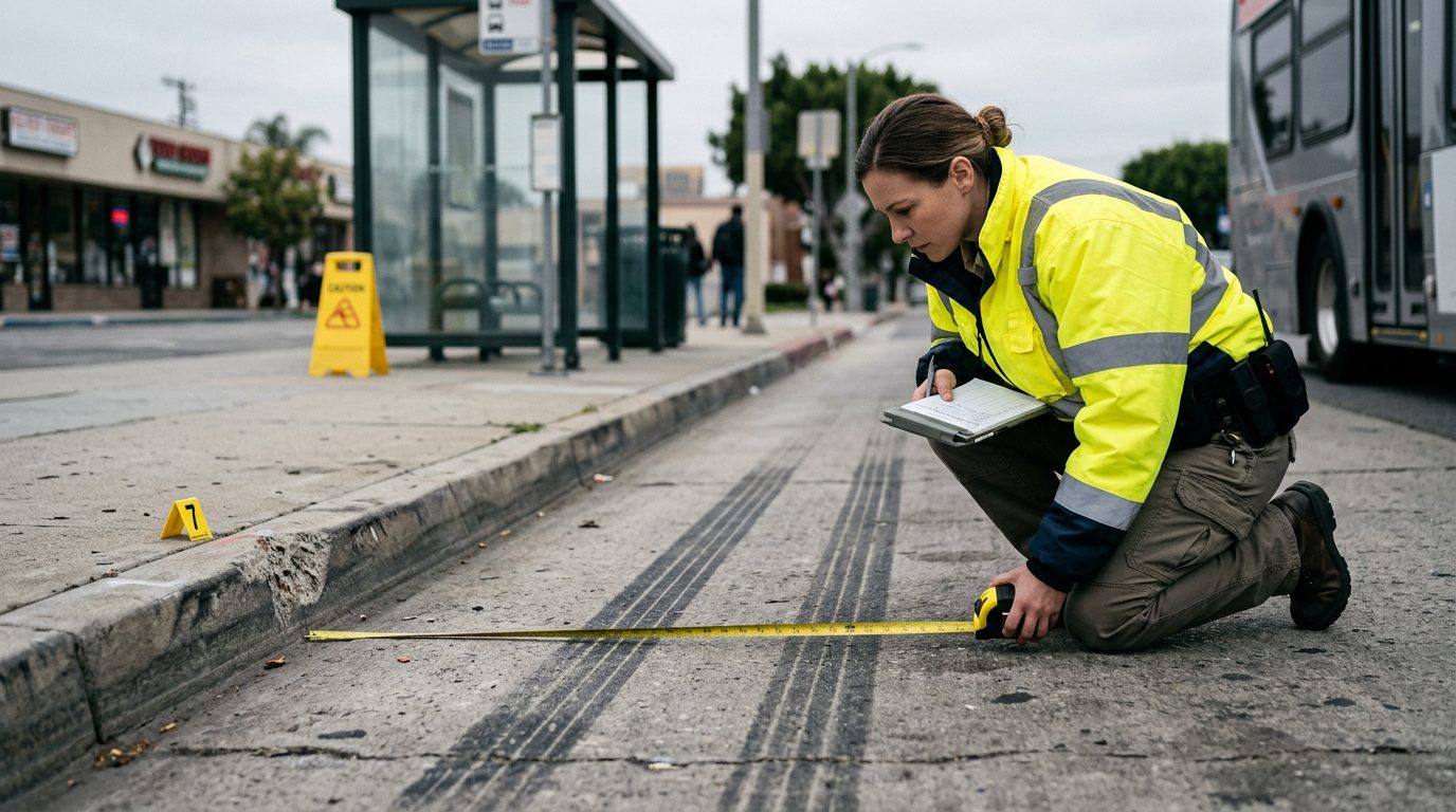 An investigator in a reflective jacket measures skid marks and curb damage at a city bus stop with a yellow tape.