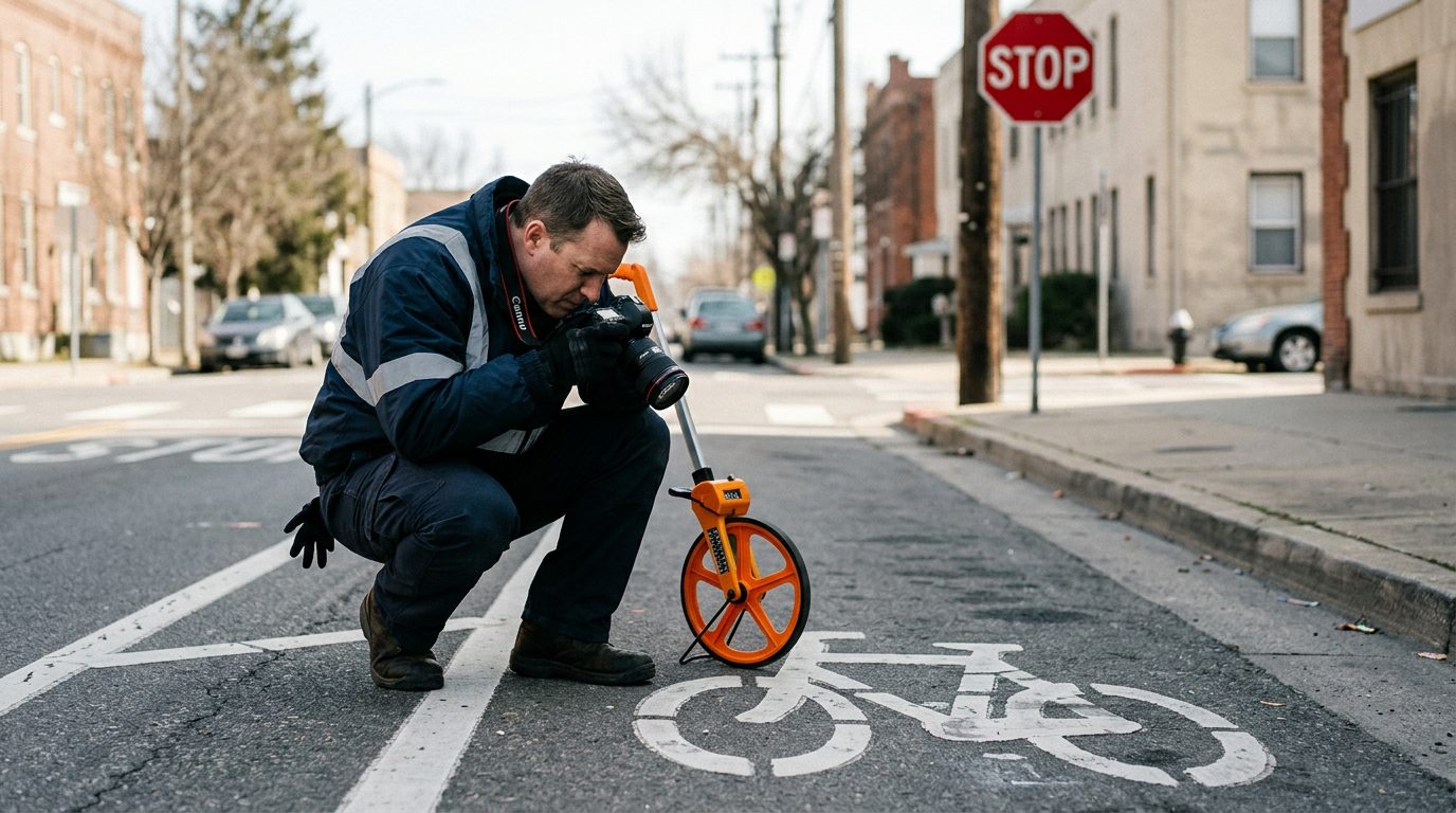 An investigator in a reflective jacket photographs a painted bike lane and stop sign on a city street while a measuring wheel rests on the pavement.