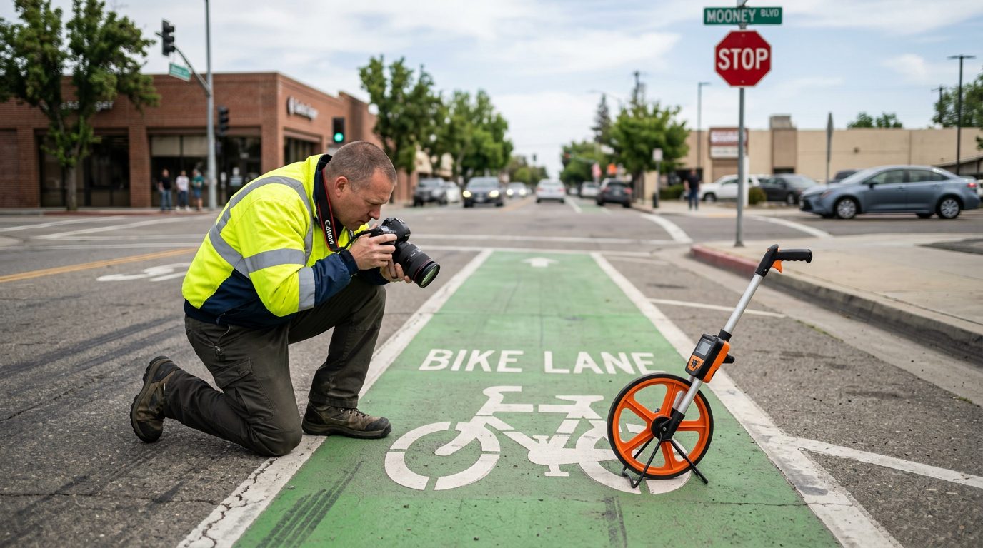 An investigator in a reflective jacket photographs a painted bike lane and stop sign on a city street with a measuring wheel nearby.