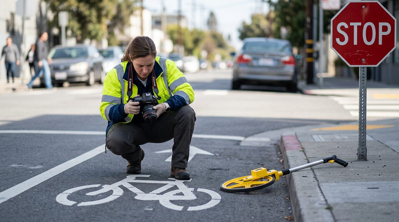 An investigator in a reflective jacket photographs a painted bike lane and stop sign on a city street while a measuring wheel rests on the pavement.