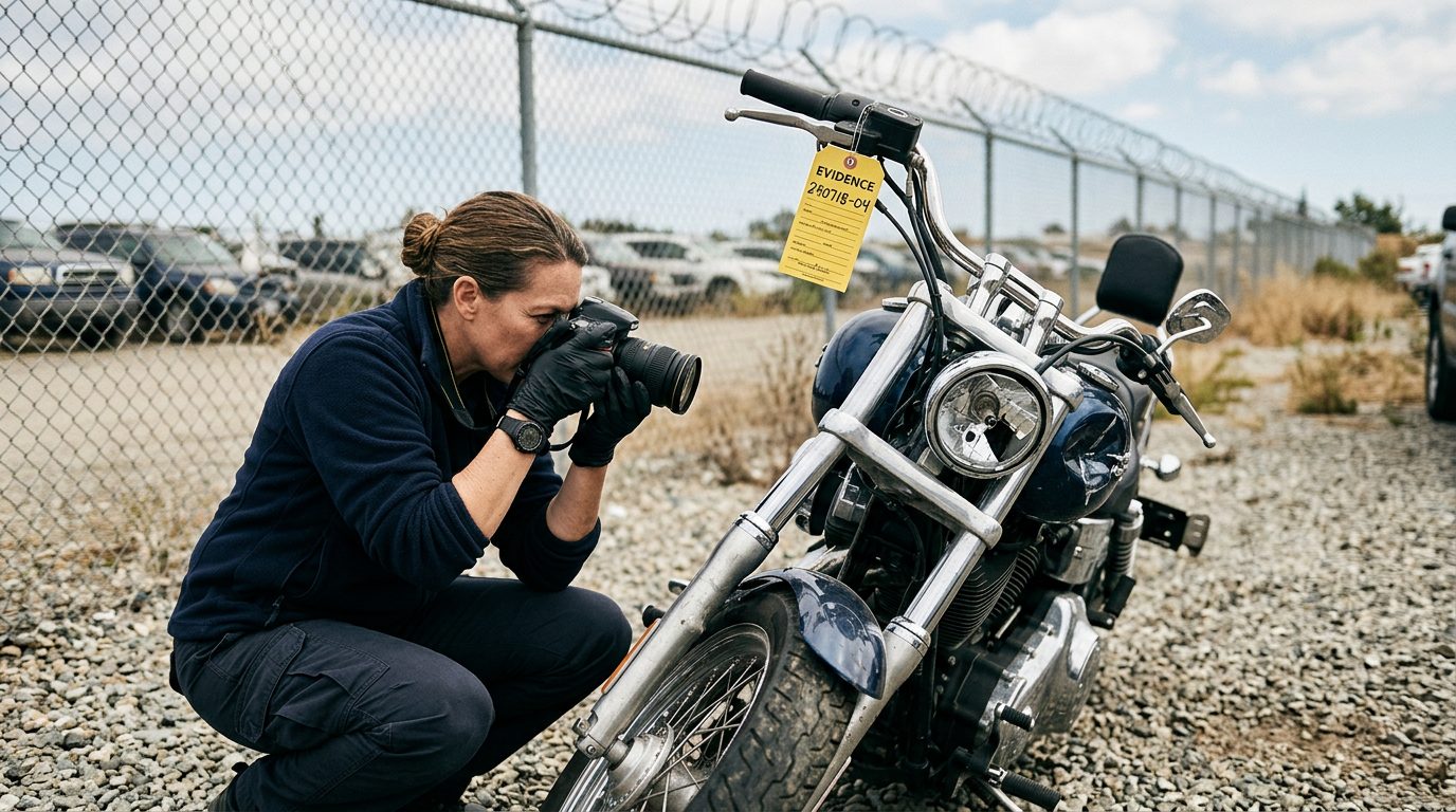 An investigator photographs a crushed motorcycle front end, with an evidence tag on the handlebar, in an impound lot.