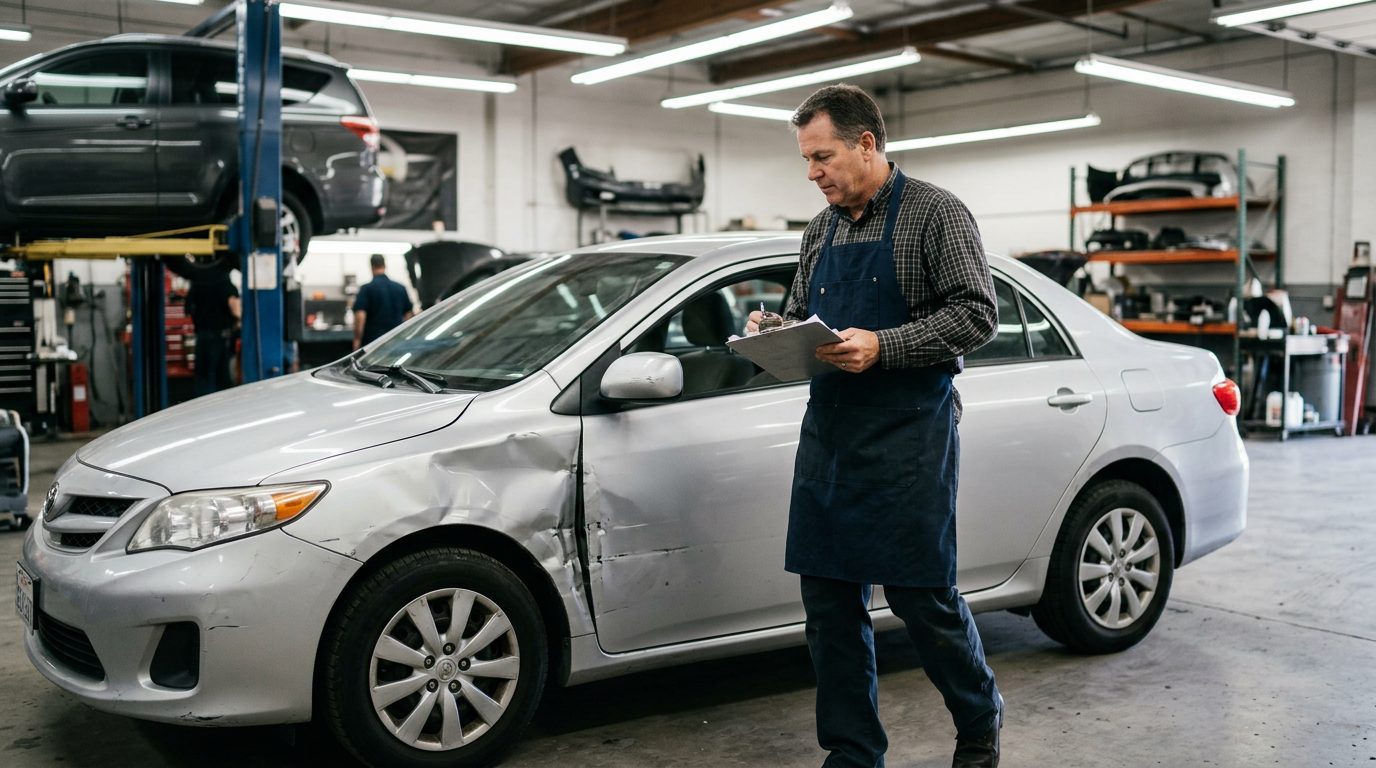Appraiser in a work apron walks around a dented four-door sedan in a body shop bay, clipboard in hand.