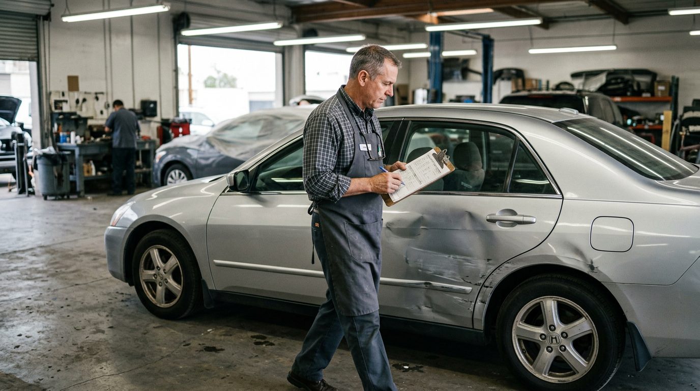Appraiser in a work apron with a clipboard inspects a dented four-door sedan in a fluorescent-lit auto body shop.