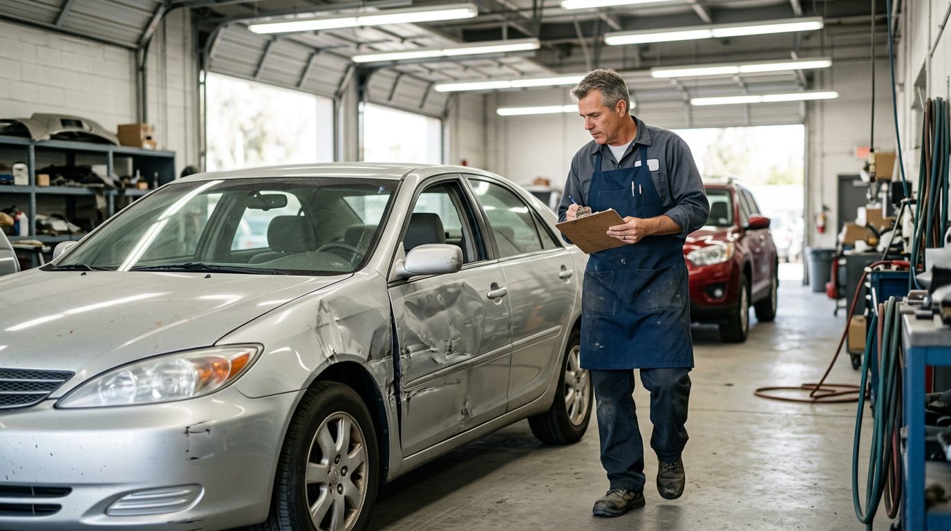 Appraiser in a work apron with a clipboard inspects a dented four-door sedan in an auto body shop bay.