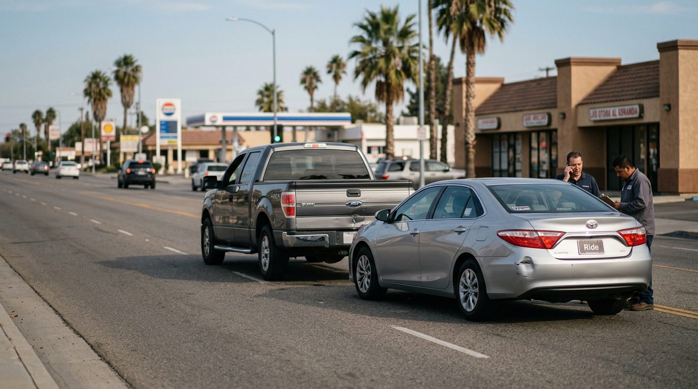 City street intersection in Bakersfield with a traffic signal and parked cars, the setting of a rideshare collision