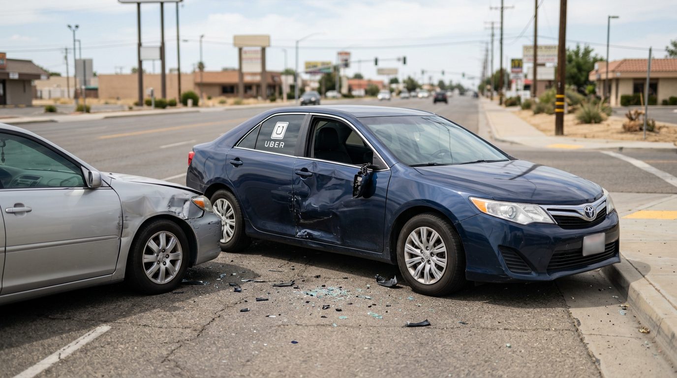 Close-up of a city street intersection in Bakersfield, California, with a parked rideshare car and traffic signal, no people visible.