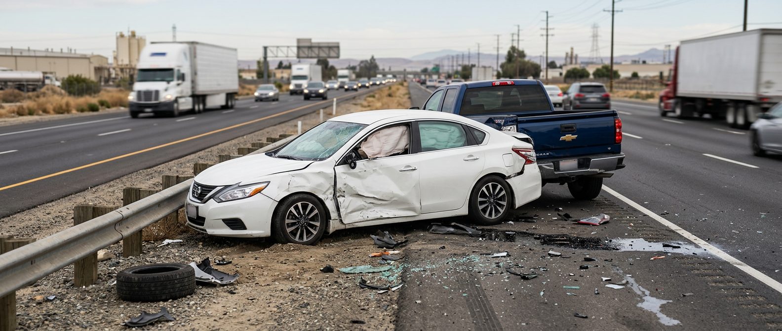 Close view of a guardrail and paved shoulder along Highway 99 in Bakersfield, California.