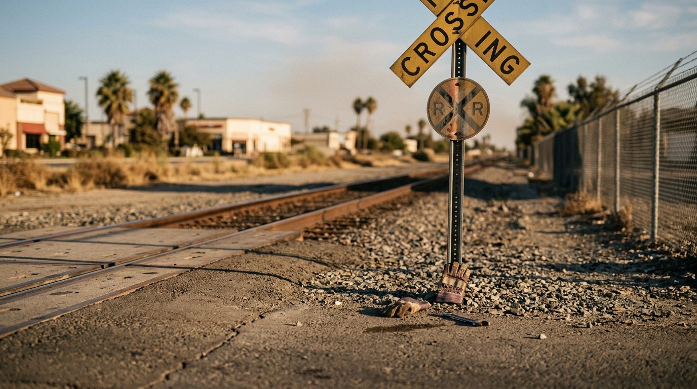 Empty city street in Bakersfield, California, with traffic signals and a crosswalk under daylight.