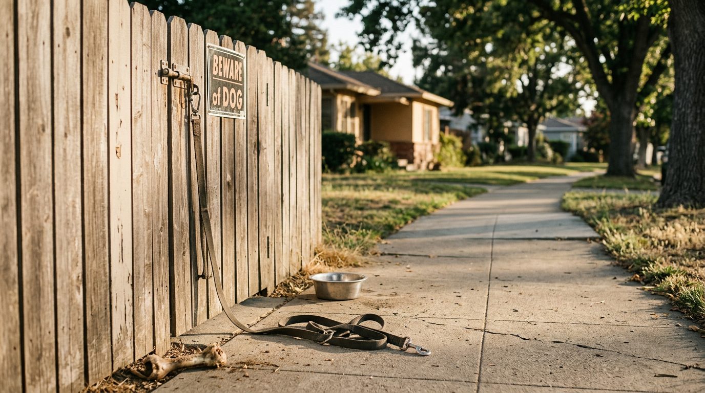Empty suburban backyard with a wooden gate and chain-link fence, with no people or animals present.