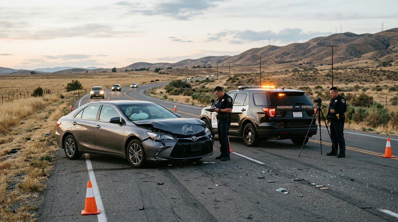 Empty two-lane highway through rural Kern County, California, with a parked car on the shoulder.