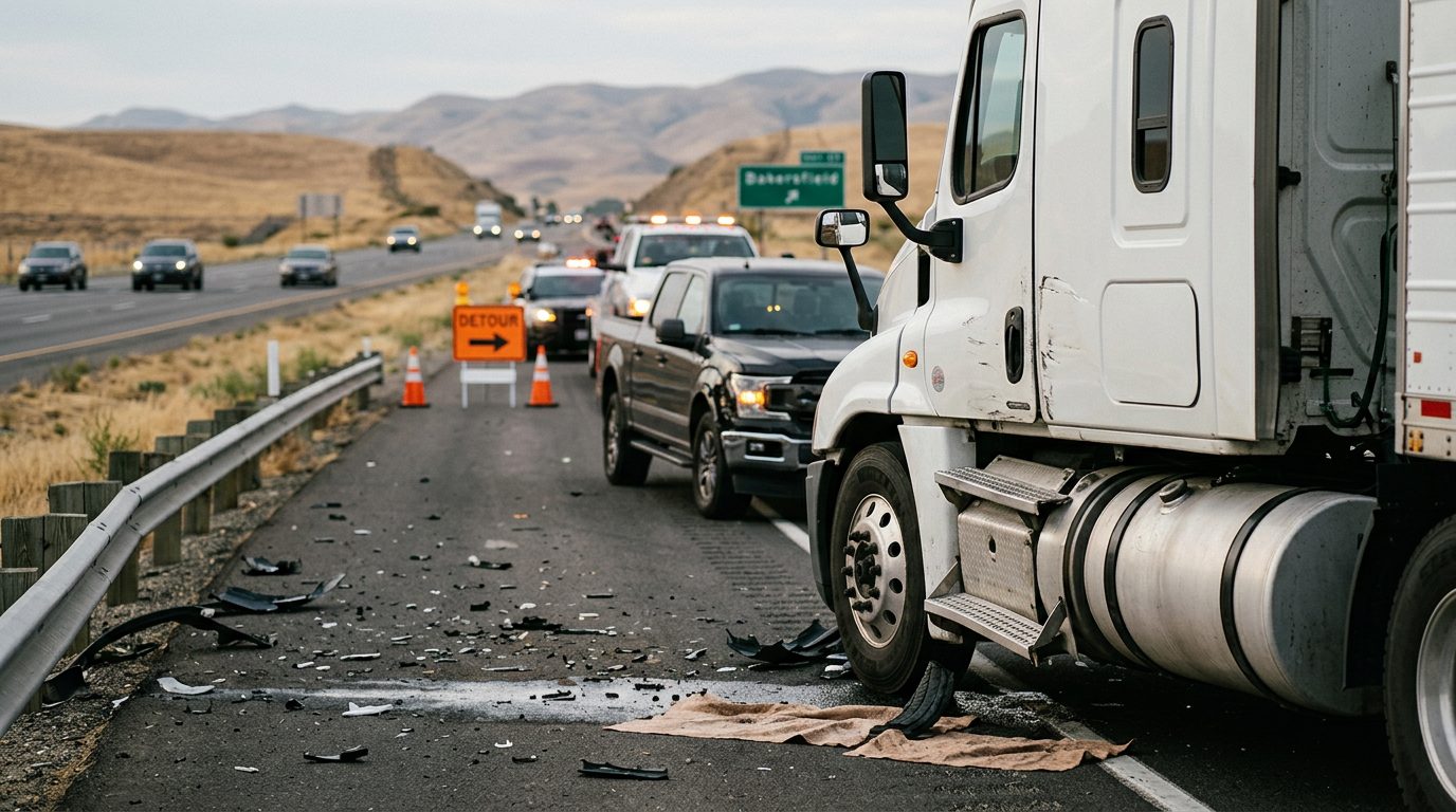 Highway scene in Bakersfield with a large semi-truck and trailer on the shoulder beside a guardrail, no people visible.