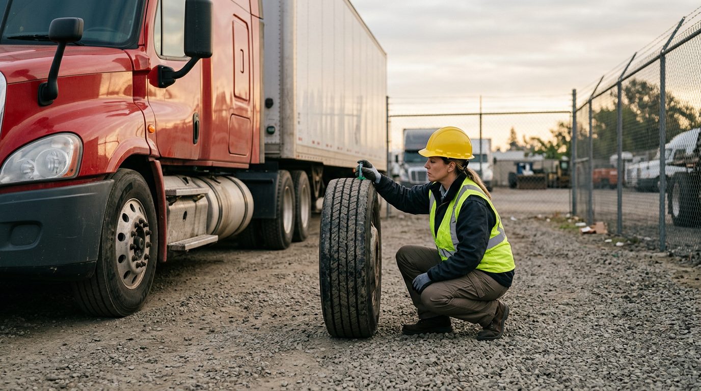 Inspector in a hard hat checks tire tread depth on a tractor-trailer in a fenced yard at dawn.