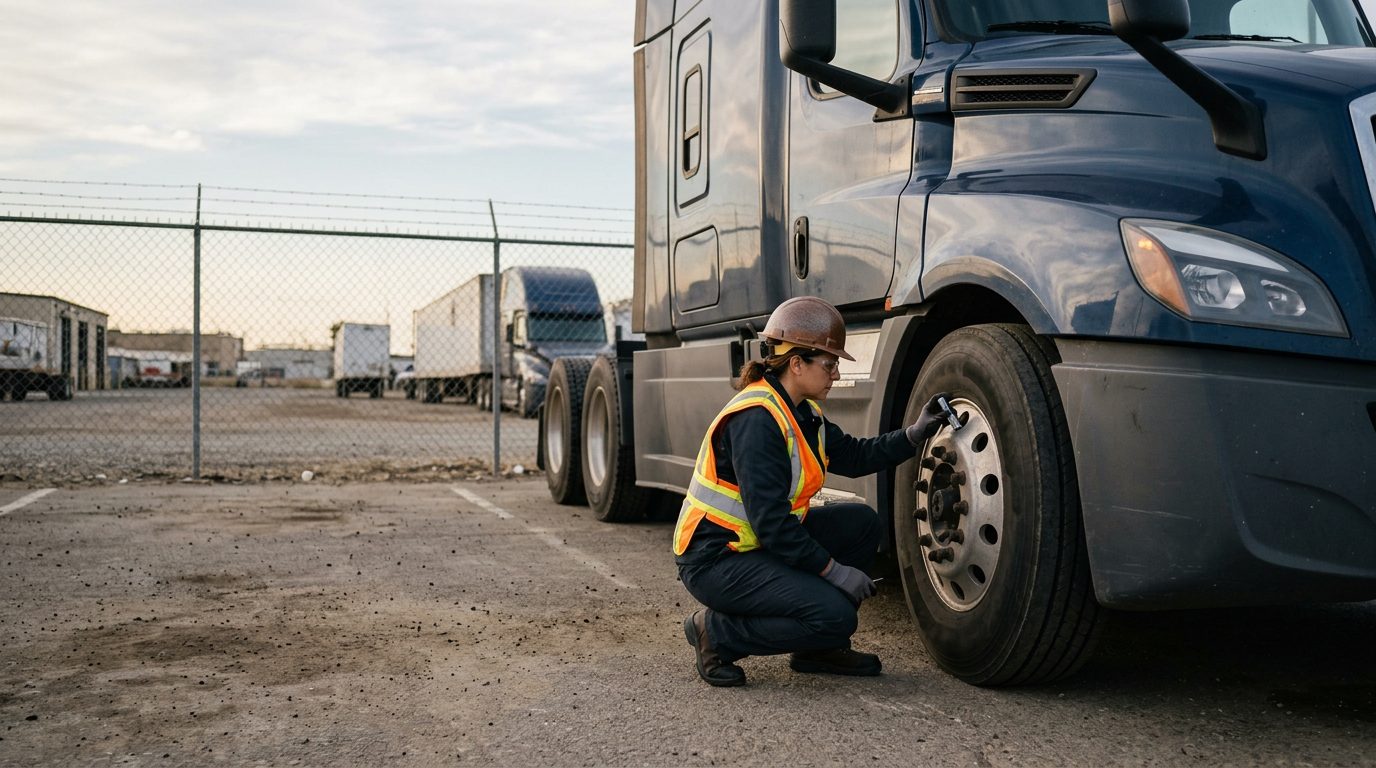 Inspector in a hard hat checks tire tread depth with a gauge beside a parked tractor-trailer in a fenced depot yard at dawn.