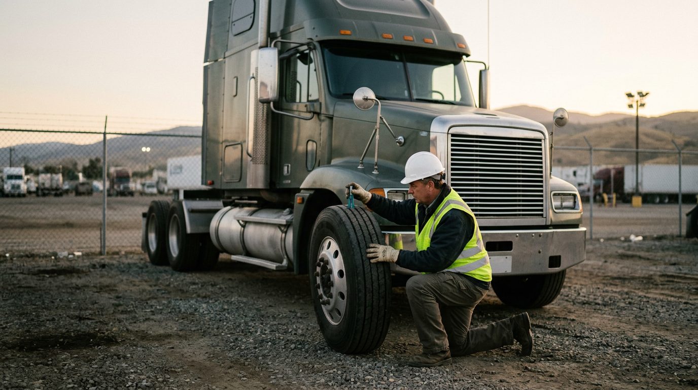 Inspector in a hard hat checks tire tread depth with a gauge beside a parked tractor-trailer in a fenced depot yard at dawn.