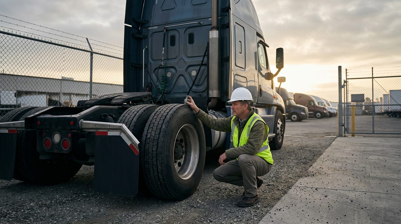Inspector in a hard hat checks tire tread depth with a gauge on a tractor-trailer parked in a fenced depot yard at dawn.