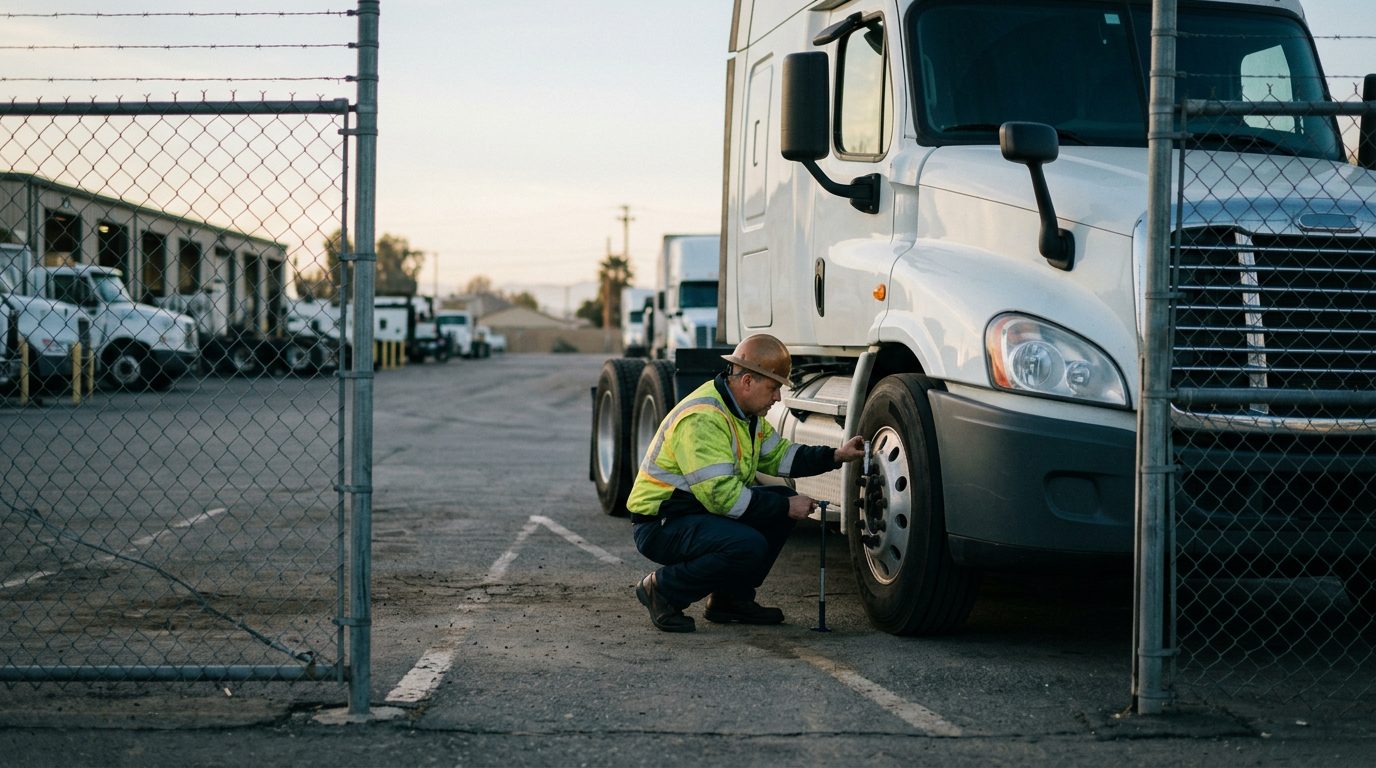 Inspector in a hard hat measuring tire tread depth on a tractor-trailer cab in a fenced depot yard at dawn.