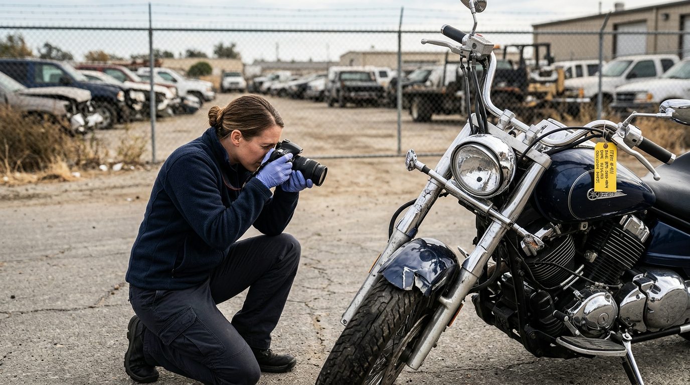 Investigator in a fleece jacket and gloves photographs a crushed motorcycle front end in a vehicle impound lot.