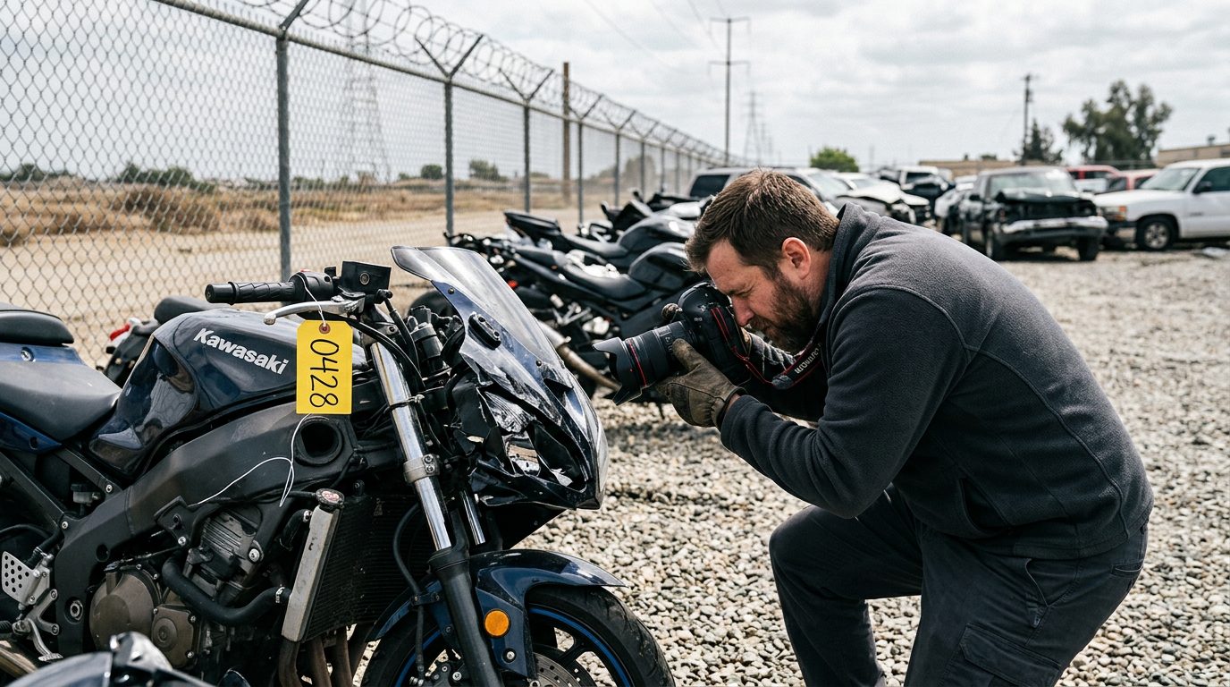Investigator in a fleece jacket and gloves photographs a crushed motorcycle front end in a fenced impound lot, with an evidence tag on the handlebar.