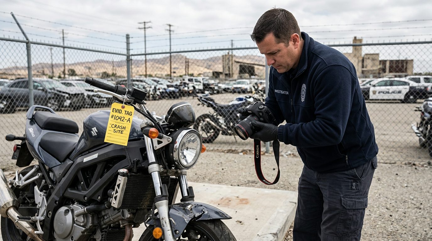 Investigator in a fleece jacket and gloves photographs a crushed motorcycle front end in a fenced impound lot, with an evidence tag on the handlebar.