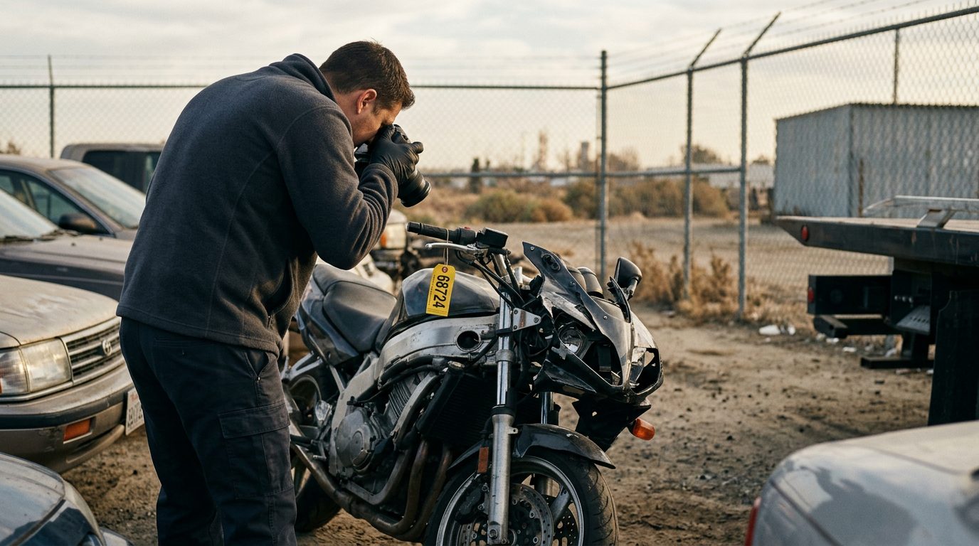 Investigator in a fleece jacket and gloves photographs a crushed motorcycle front end in a fenced impound lot, with an evidence tag on the handlebar.