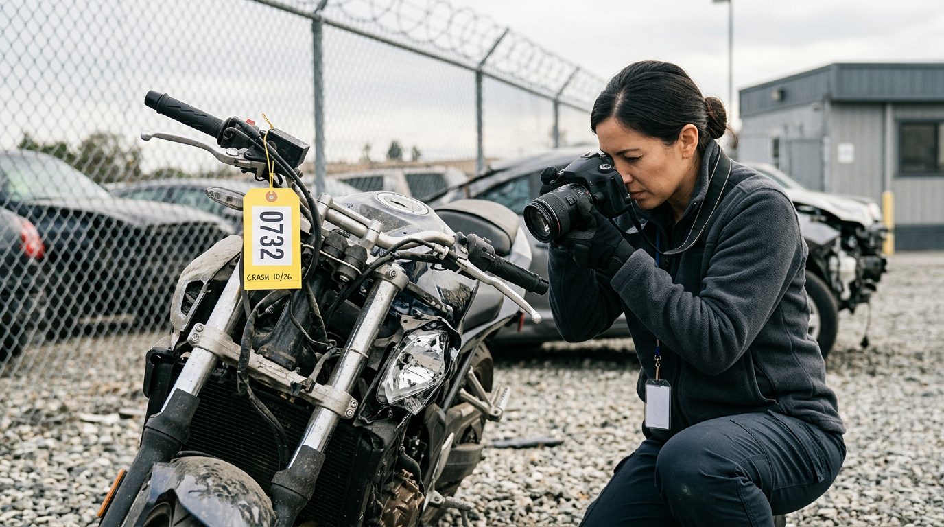Investigator in a fleece jacket and gloves photographs a crushed motorcycle front end in a fenced impound lot.
