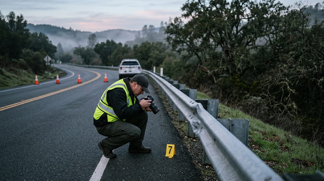 Investigator in a high-visibility vest places a numbered evidence marker beside a guardrail on a closed two-lane road at dawn.
