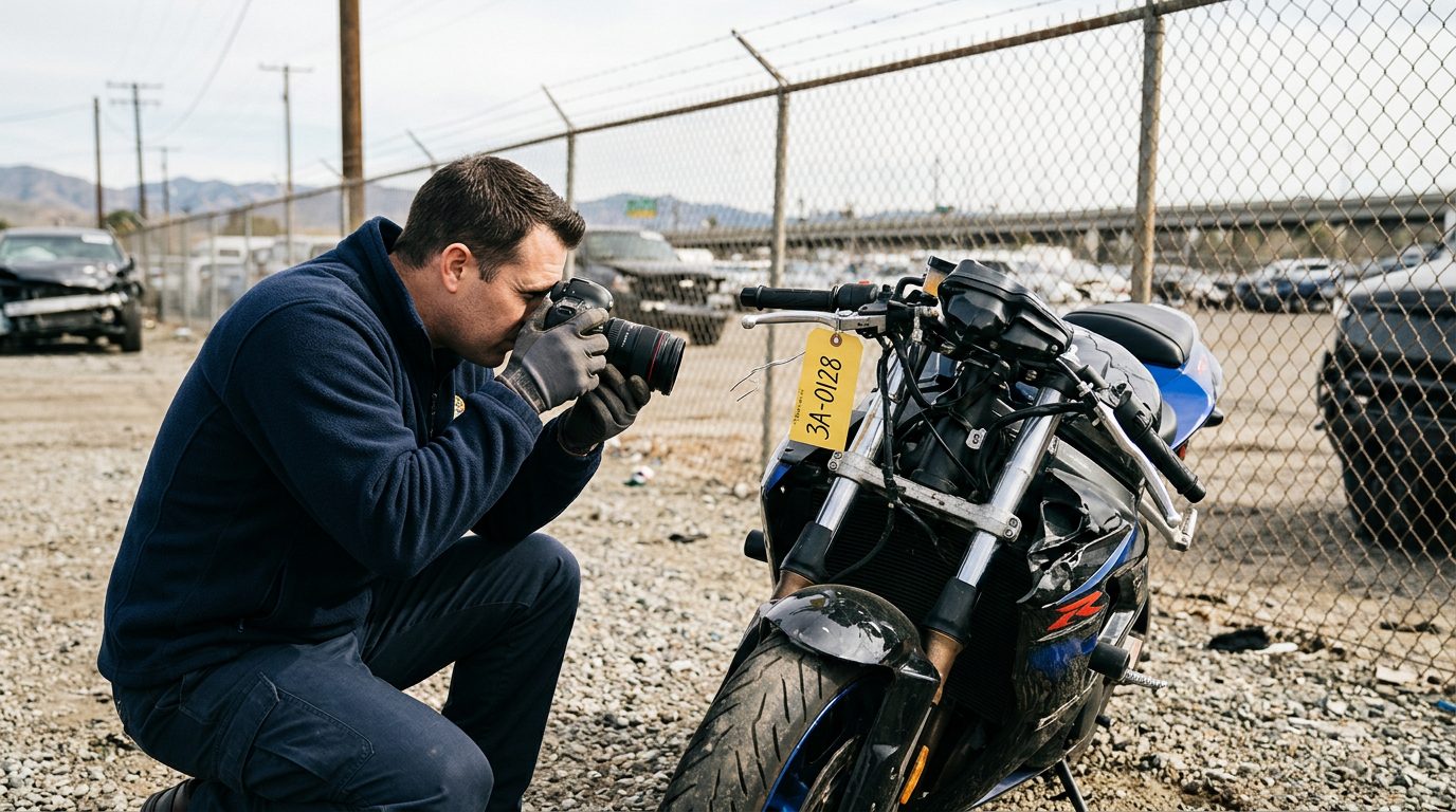 Investigator in gloves photographs a crushed motorcycle front end in an impound lot, with an evidence tag on the handlebar.