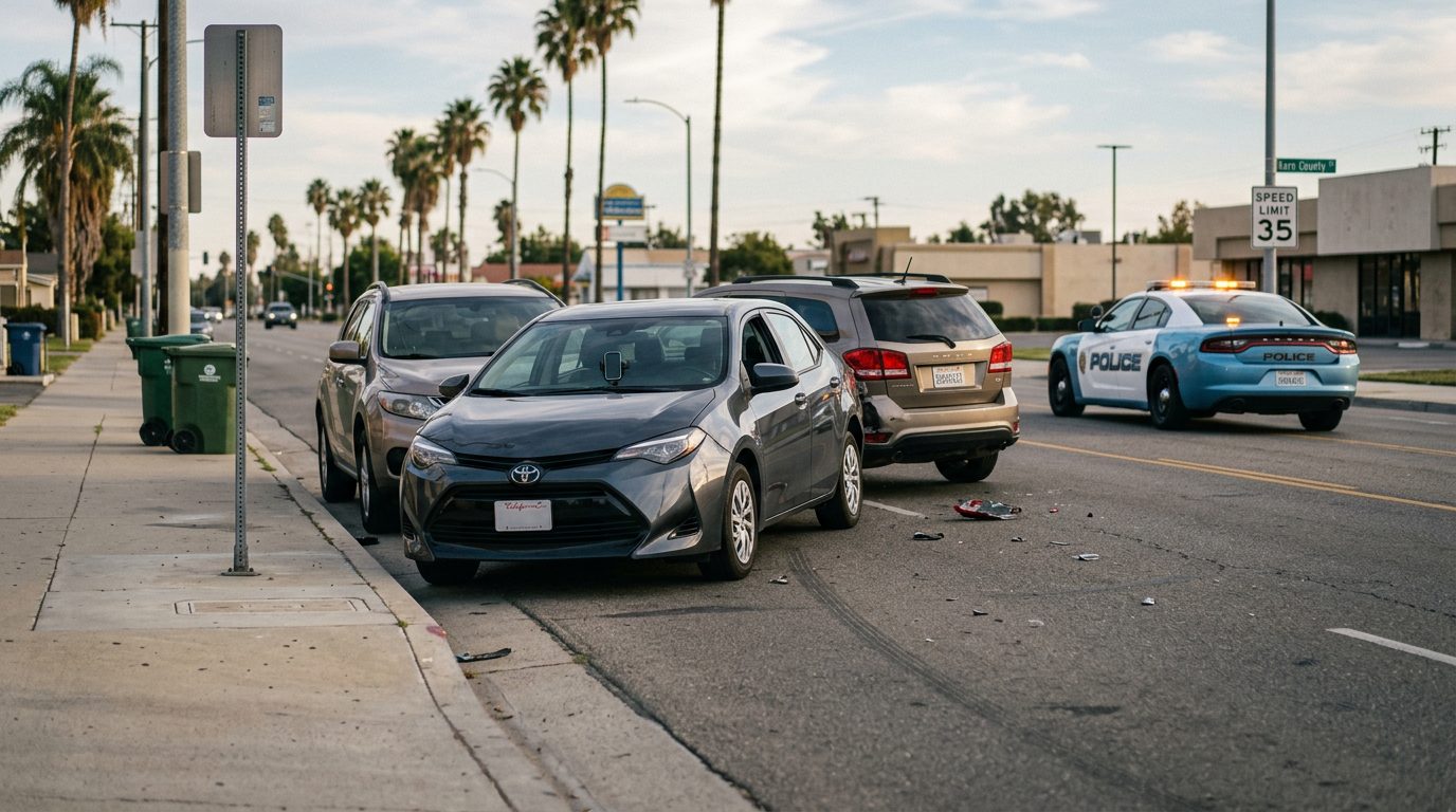 Rideshare car parked on a Bakersfield city street beside traffic lights and parked cars