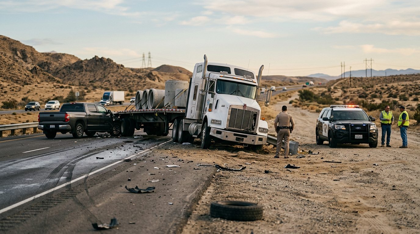 Semi-truck on a Bakersfield highway, with the roadway and surrounding lanes visible.