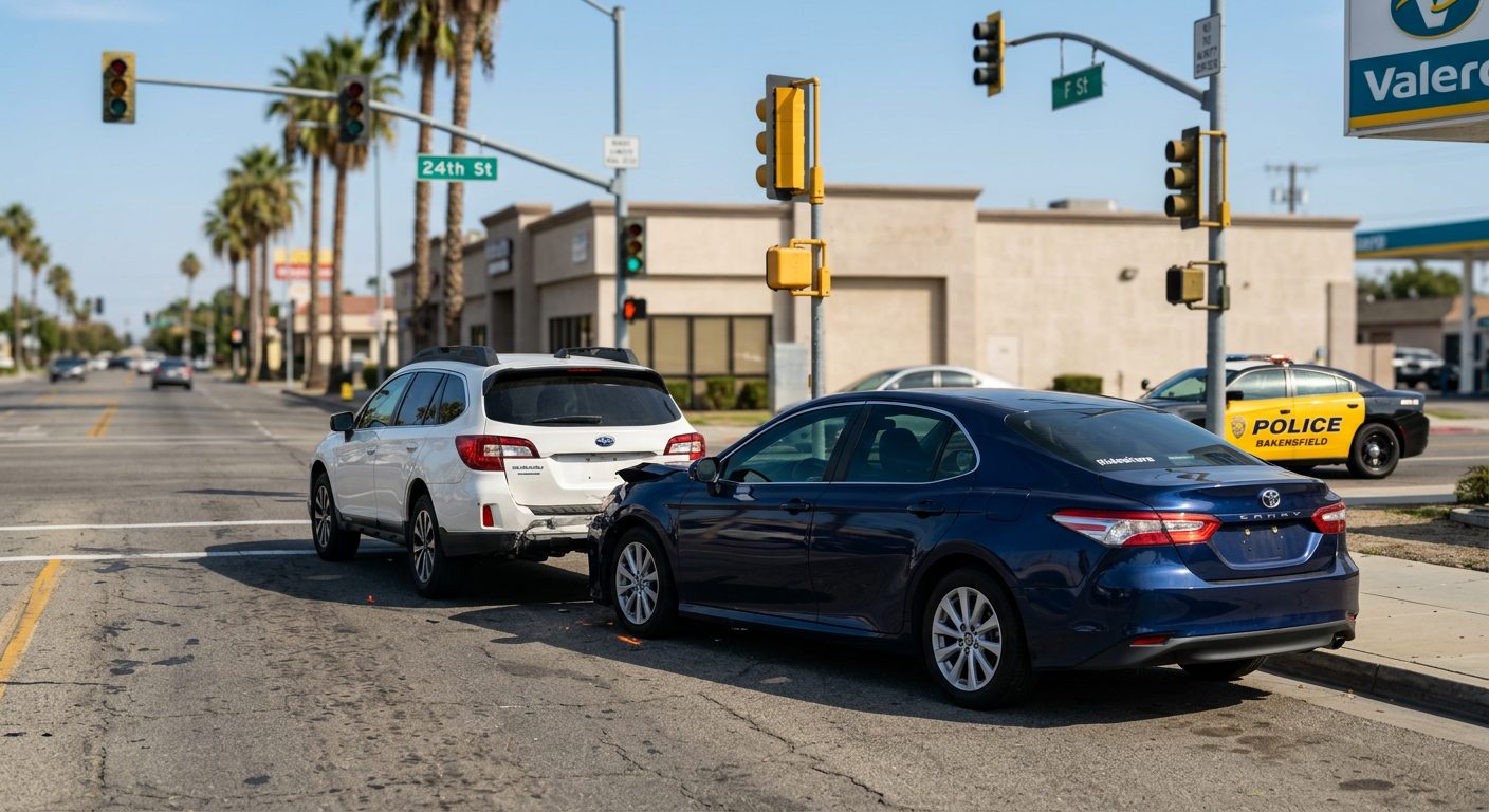 Street scene in Bakersfield, California, showing a parked Lyft rideshare car on a city road with traffic lights and nearby vehicles.