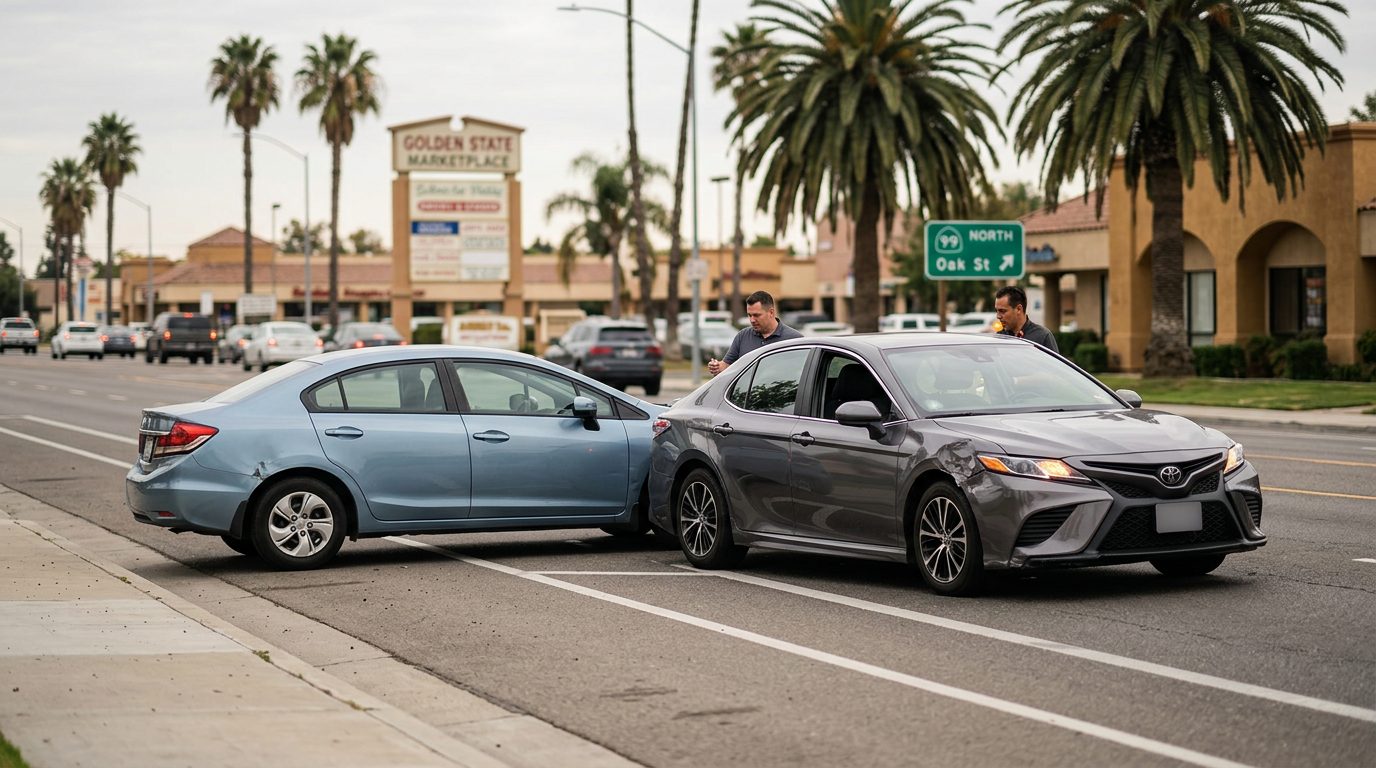 Street scene in Bakersfield, California, with a rideshare car parked along the curb and traffic lanes ahead.