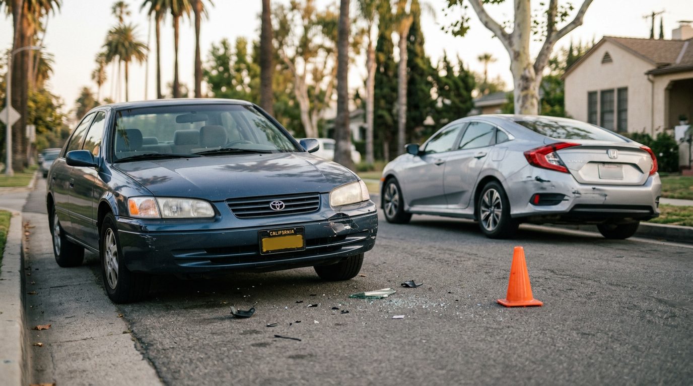 Two cars parked on a California roadside after a collision, with no people visible.