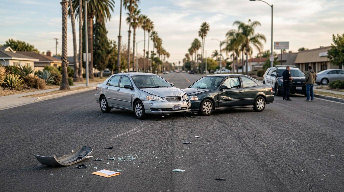 Two cars parked on the shoulder of a California highway, with a wide view of the empty roadside and guardrail.