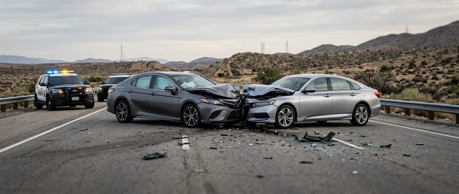 Two damaged cars rest on a two-lane road in Kern County, California, following a head-on collision.