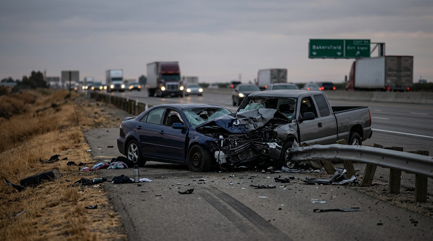 Wide view of a Highway 99 roadway in Bakersfield, with multi-lane asphalt, lane markings, and roadside guardrails under daylight.