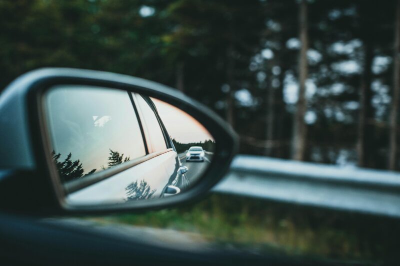 Rear-view mirror at sunset